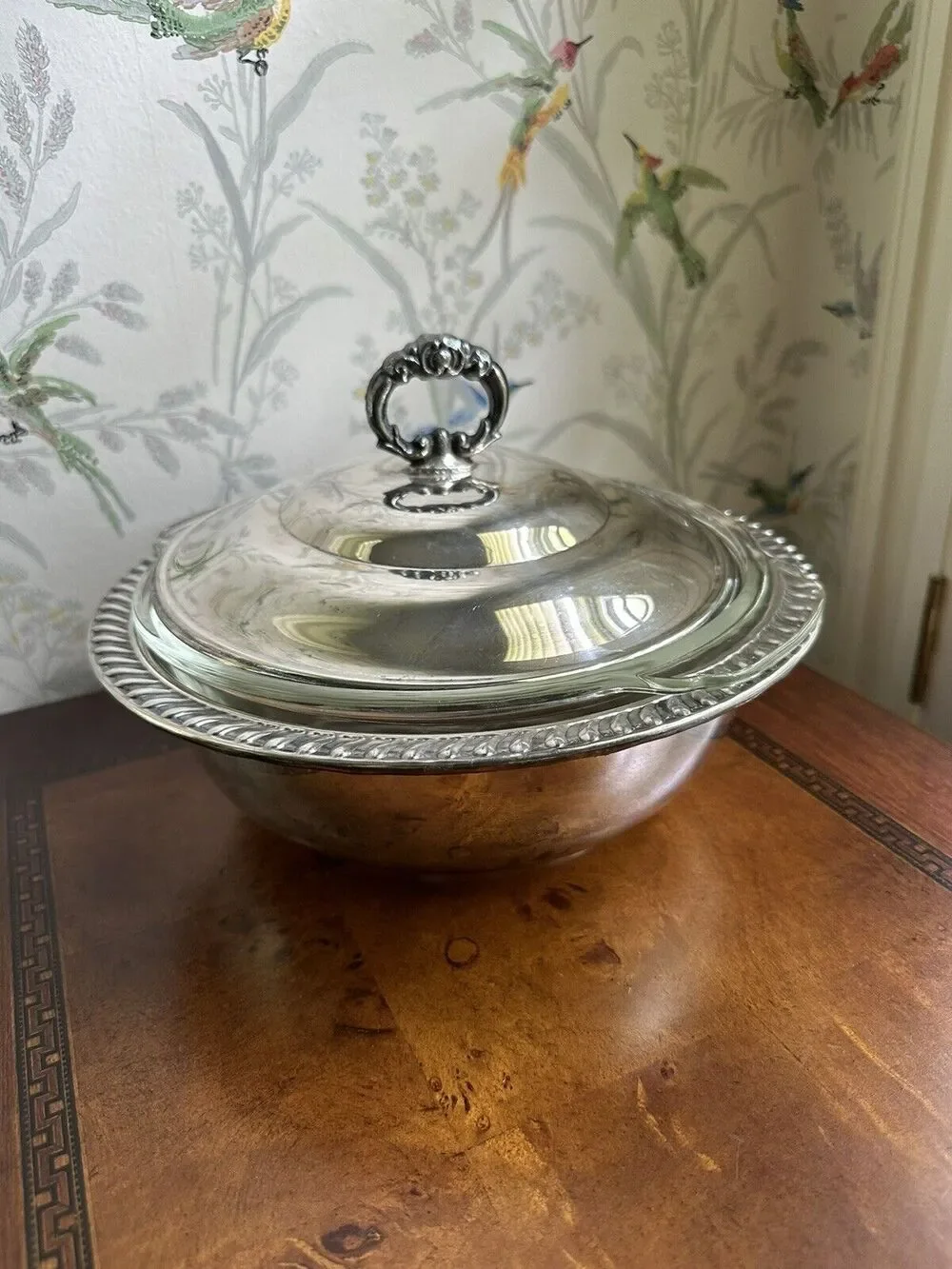Vtg Eales Fire King 1779 Silverplated Server Clear Glass Nested Bowl Anchor Hock